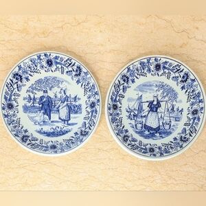Vintage Delft Royal Sphinx Pair Blue White Farm Fish Holland Wall Plate Set of 2